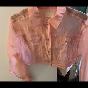 Pink sheer cropped button up